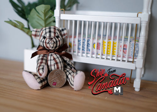 1:12 Scale Miniature Checkered Plush Teddy Bear, Jointed Arms and Legs, 2-7/8 inch tall, DIY Dollhouse Supply (brown and cream)