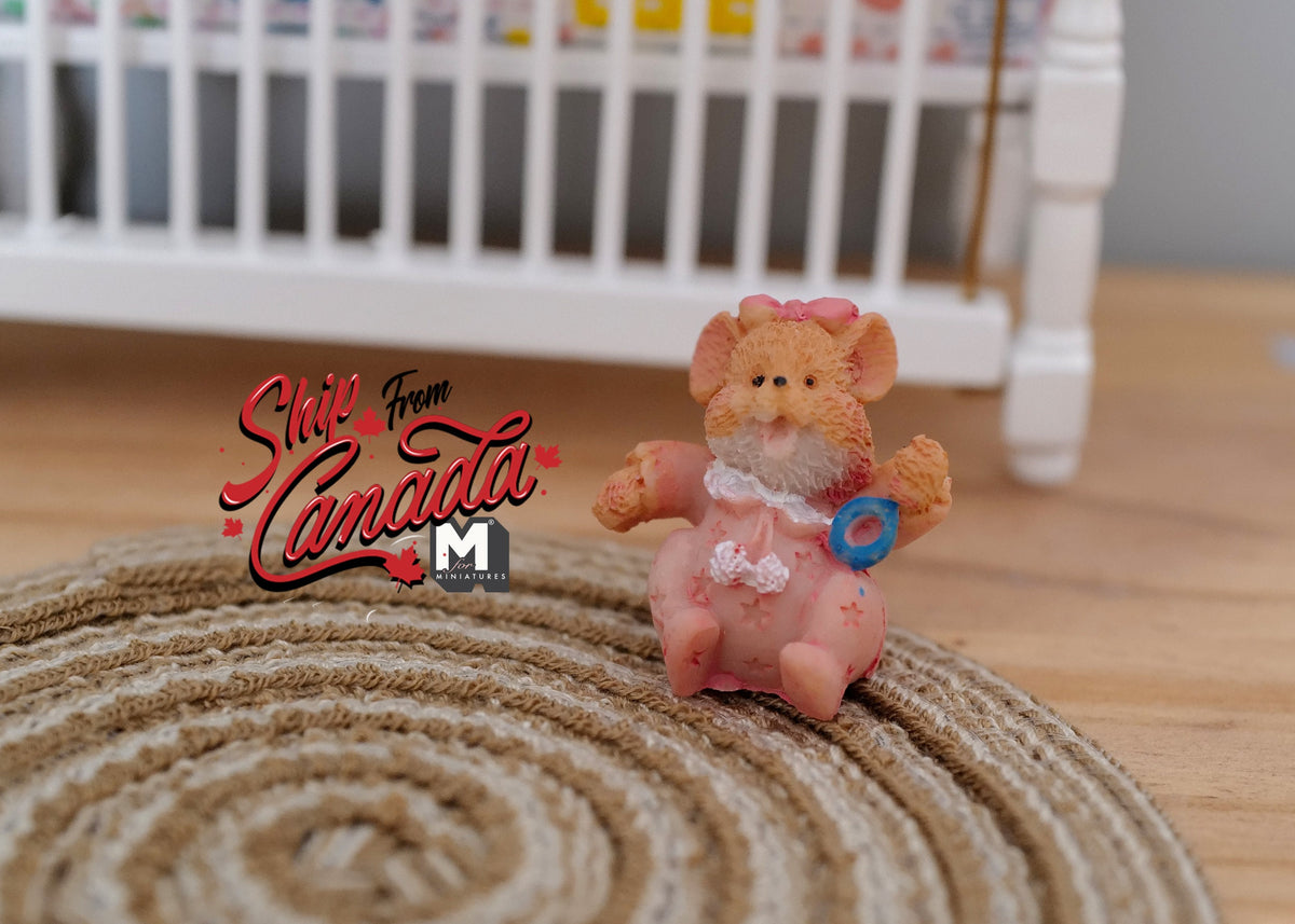 1:12 Scale Miniature Resin Baby Bear Figurine, Sitting, Pink Outfit, 1-3/16 inch tall, DIY Dollhouse Supply