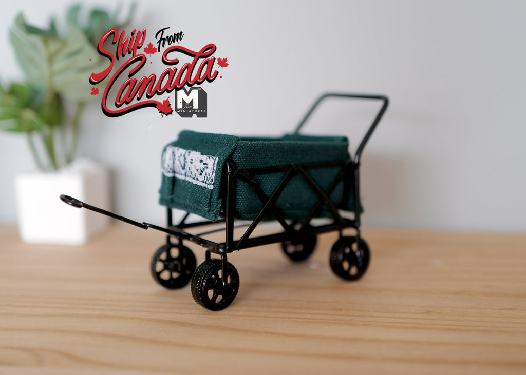1:12 Scale Miniature Metal Garden Wagon with Pull Handle, 5-5/16 inch long, DIY Dollhouse Supply (dark green)