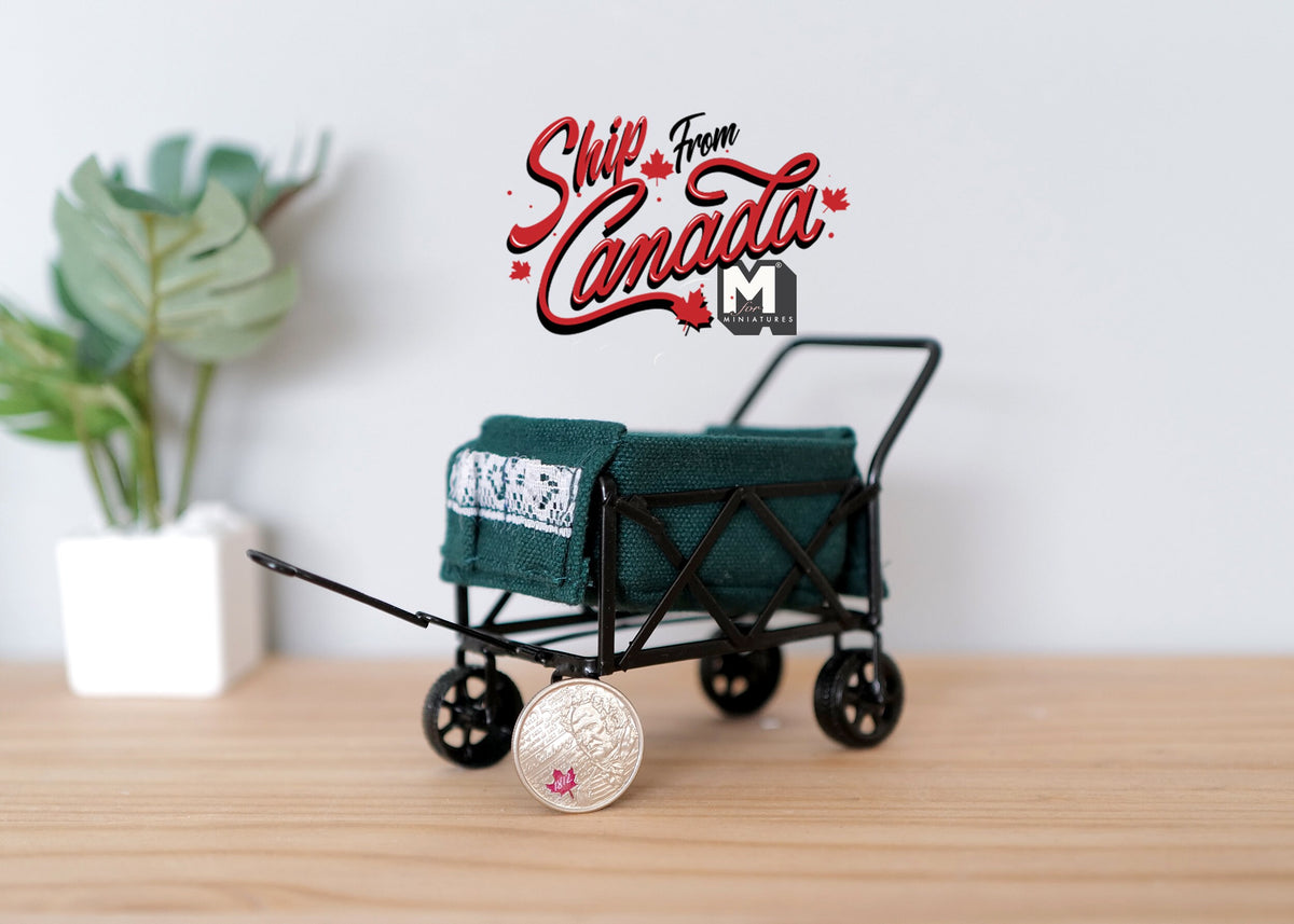 1:12 Scale Miniature Metal Garden Wagon with Pull Handle, 5-5/16 inch long, DIY Dollhouse Supply (dark green)