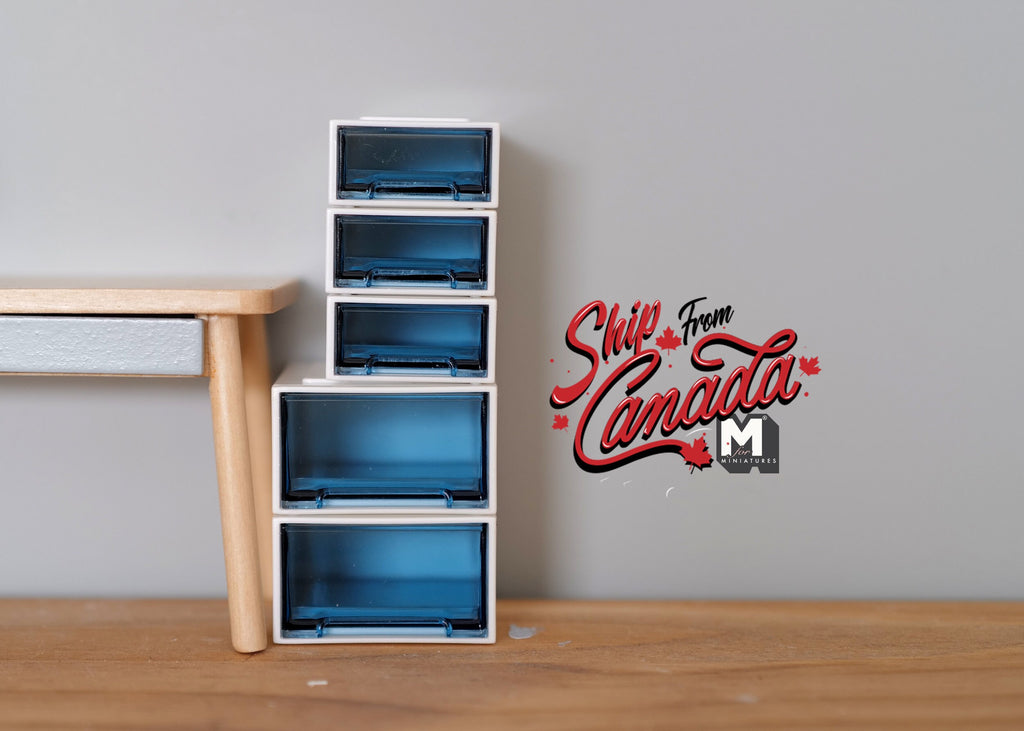 1:12 Scale Miniature Stackable Storage Drawers, Set of 5, 1-9/16 inch wide, DIY Dollhouse Supply (white and blue)