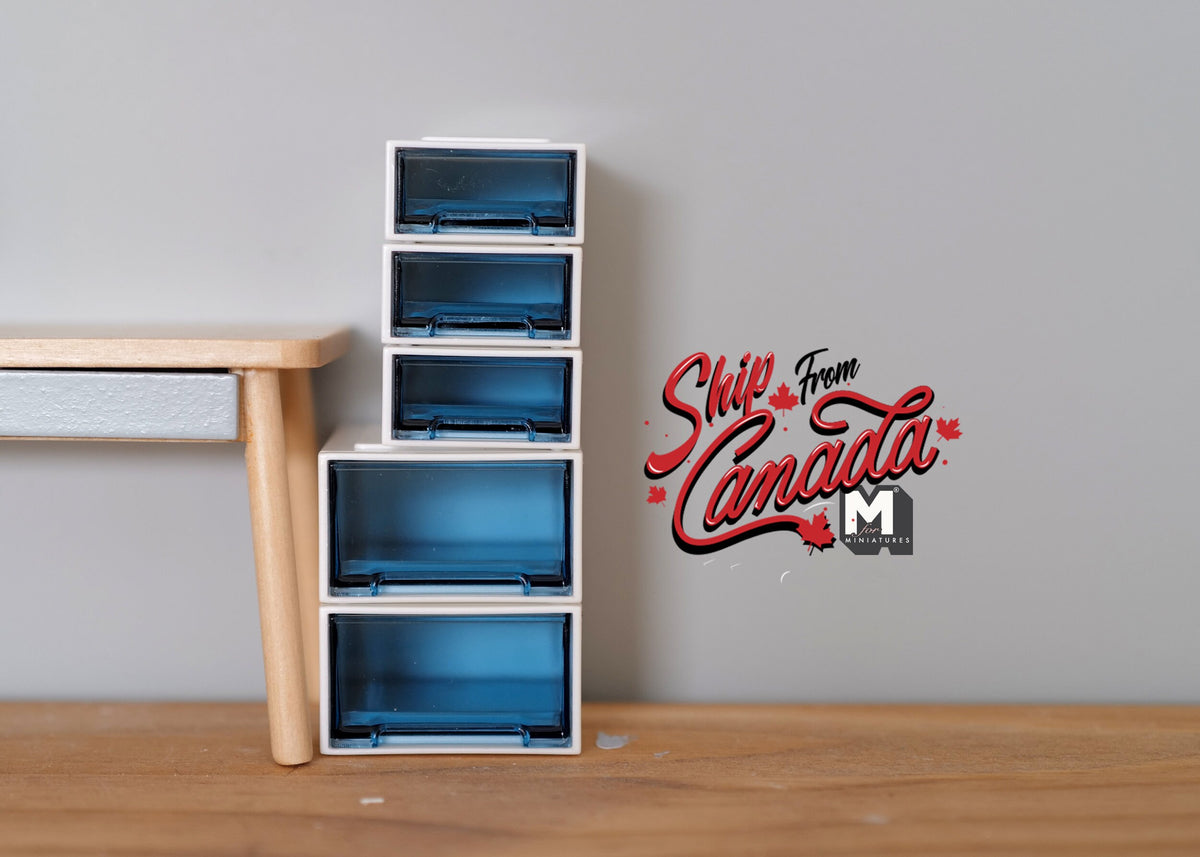 1:12 Scale Miniature Stackable Storage Drawers, Set of 5, 1-9/16 inch wide, DIY Dollhouse Supply (white and blue)
