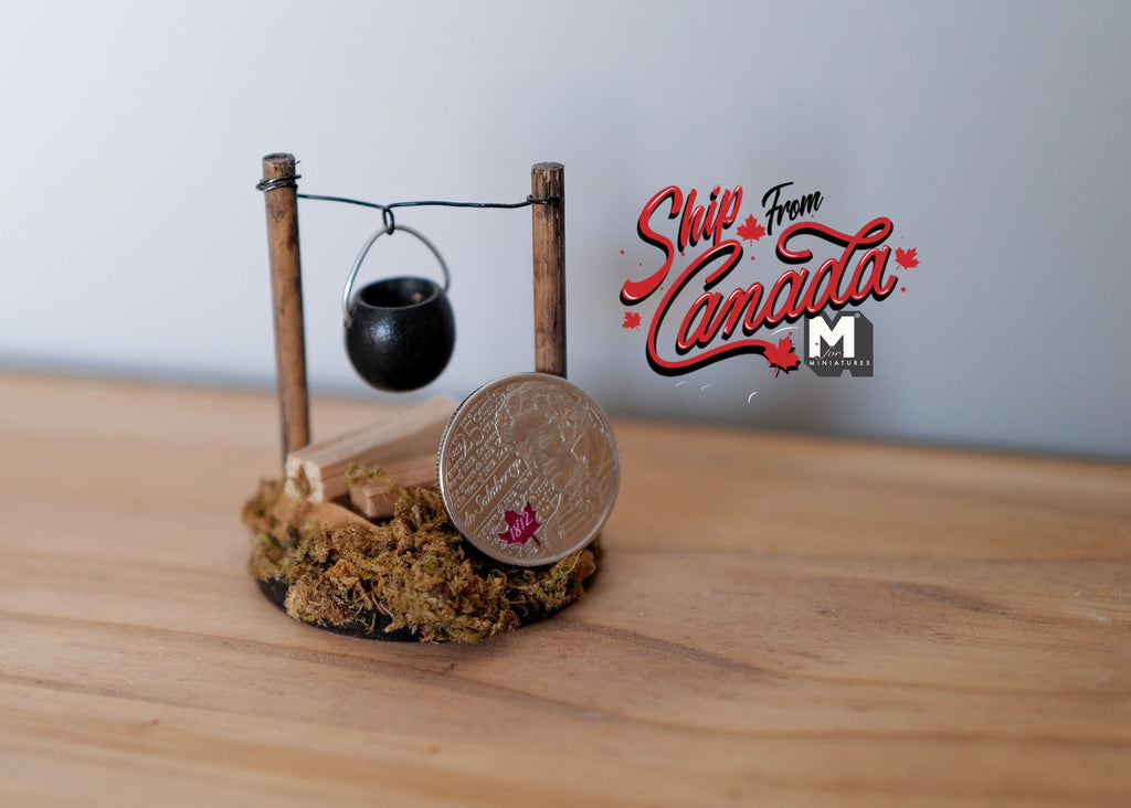 1:12 Scale Miniature Wood Fire Pit with Log Pile and Hanging Pot, 2-1/16 inch tall, DIY Dollhouse Supply