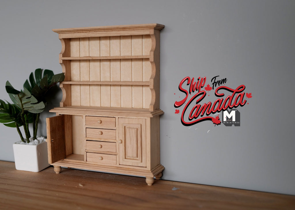 1:12 Scale Miniature Unpainted Wood Kitchen Dresser, Open Shelves, 4 Drawers, Lower Cupboard, 6-11/16 inch tall, DIY Dollhouse Supply