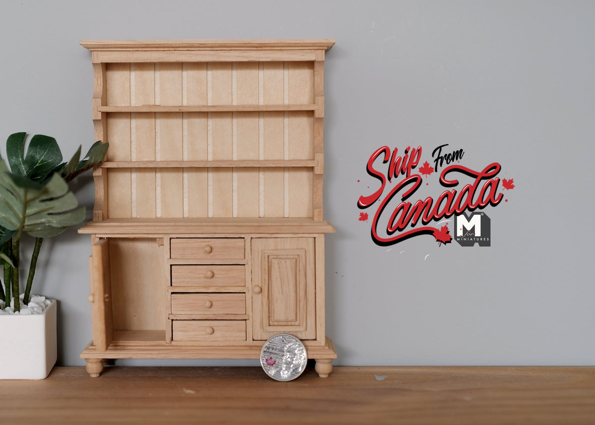 1:12 Scale Miniature Unpainted Wood Kitchen Dresser, Open Shelves, Lower Cupboard, 6-11/16 inch tall, DIY Dollhouse Supply