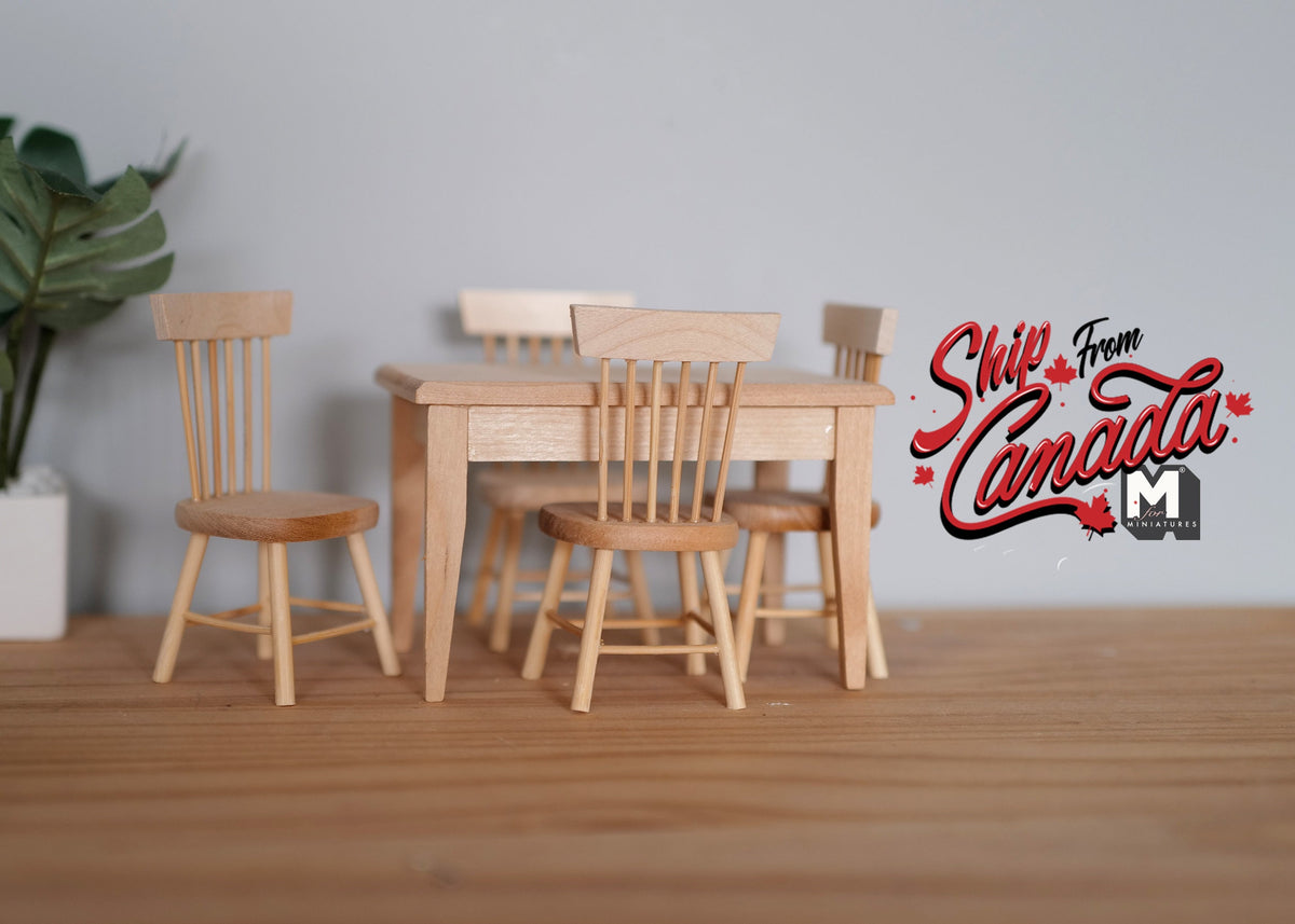 1:12 Scale Miniature Unpainted Wood Dining Table and 4 Spindle Back Chairs, Set of 5, 4-1/8 inch long, DIY Dollhouse Supply