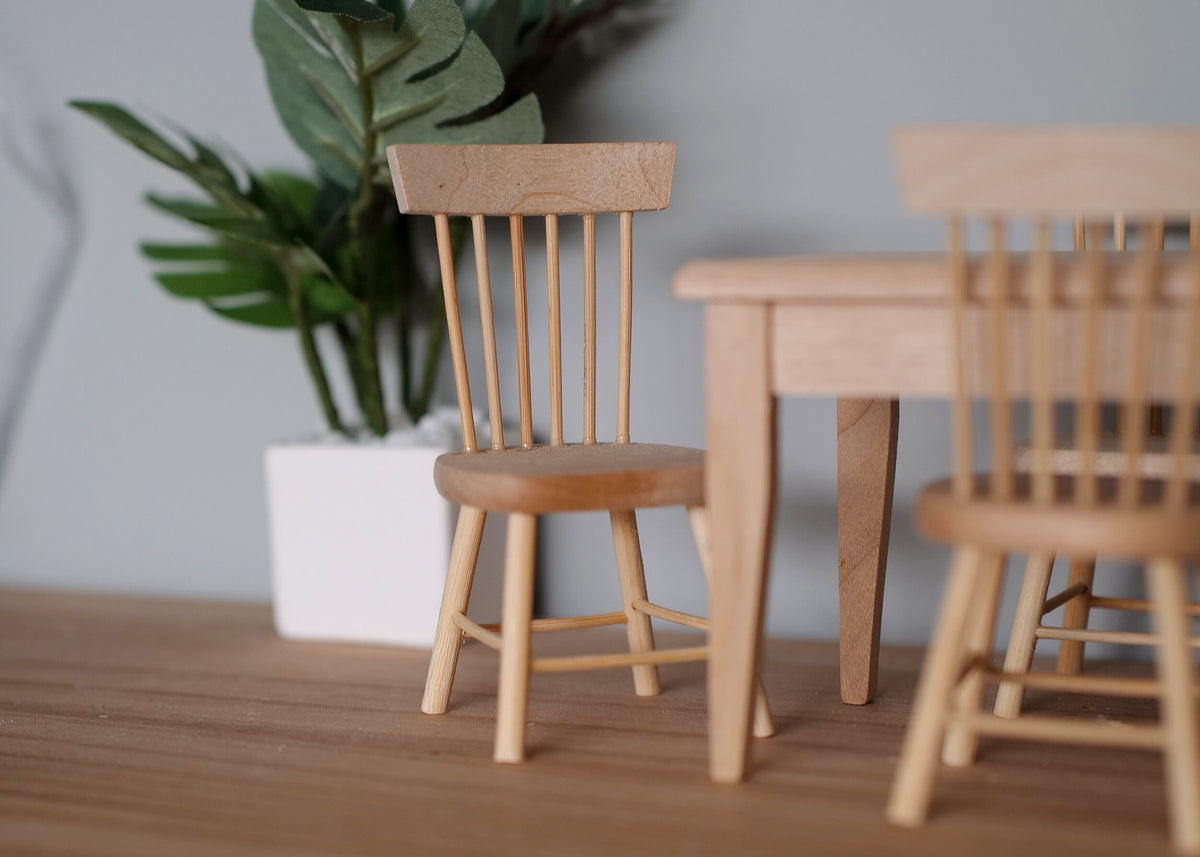 1:12 Scale Miniature Unpainted Wood Dining Table and 4 Spindle Back Chairs, Set of 5, 4-1/8 inch long, DIY Dollhouse Supply