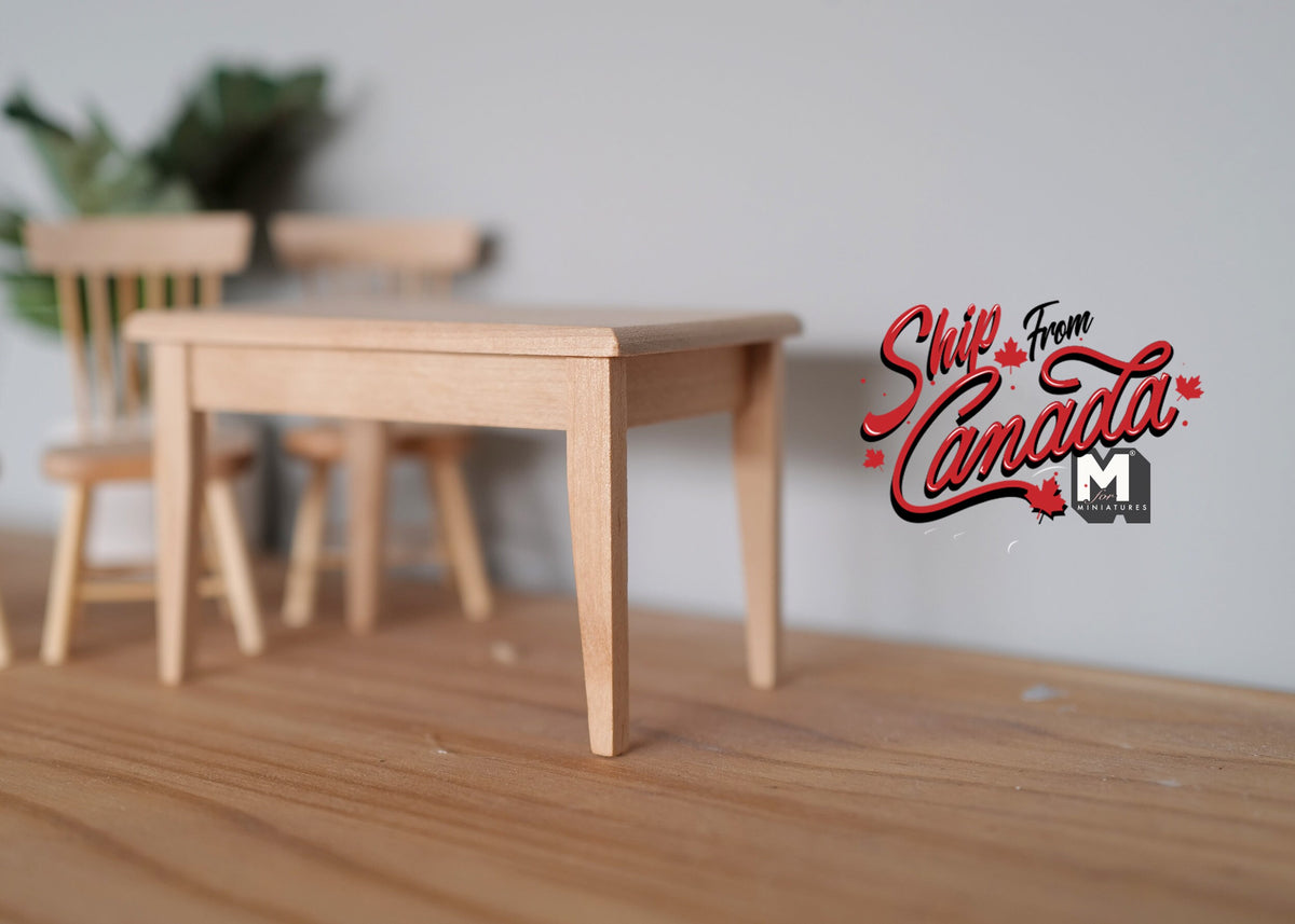 1:12 Scale Miniature Unpainted Wood Dining Table and 4 Spindle Back Chairs, Set of 5, 4-1/8 inch long, DIY Dollhouse Supply