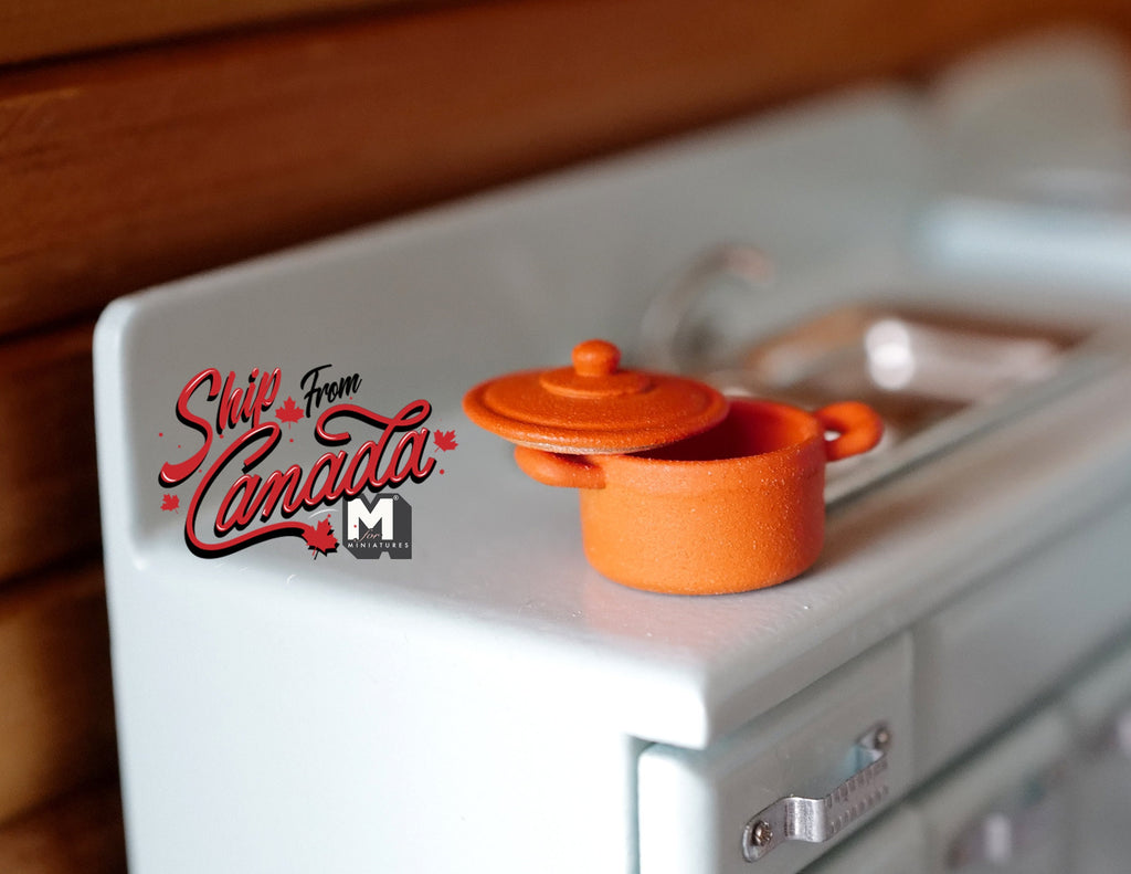 1:12 Scale Miniature Metal Cooking Pot with Lid, Side Handles, 1 inch dia., DIY Dollhouse Supply (orange) (A)