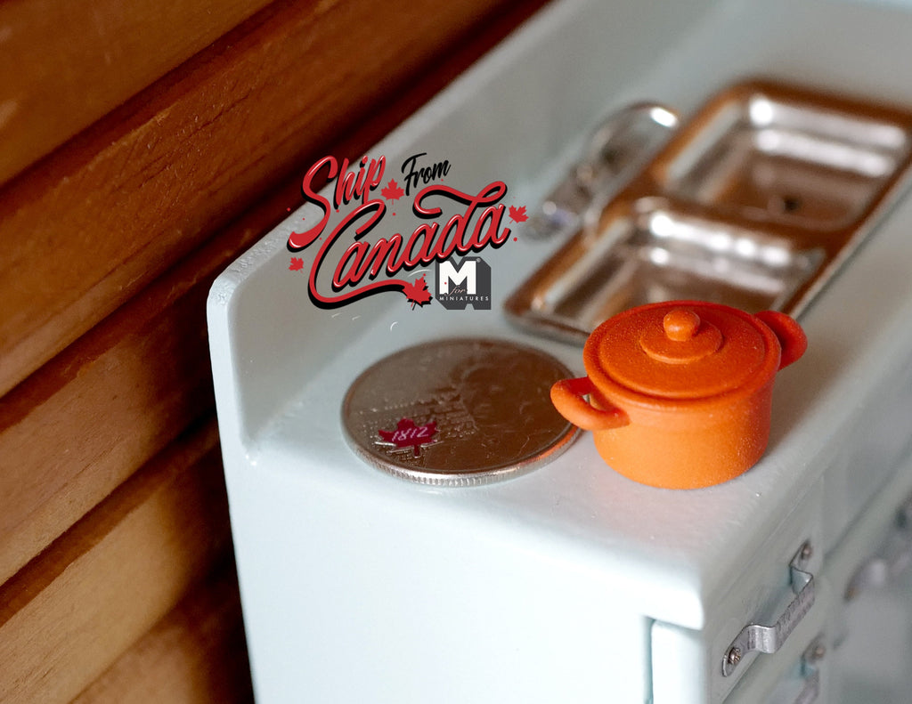 1:12 Scale Miniature Metal Cooking Pot with Lid, Side Handles, 1 inch dia., DIY Dollhouse Supply (orange) (A)