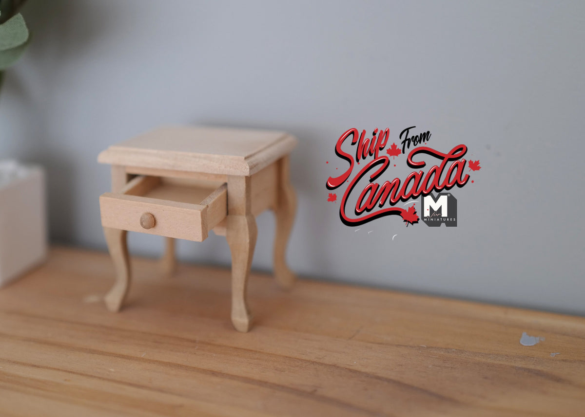 1:12 Scale Miniature Unpainted Wood Nightstand, 1 Drawer, Turned Legs, 2-3/4 inch tall, DIY Dollhouse Supply