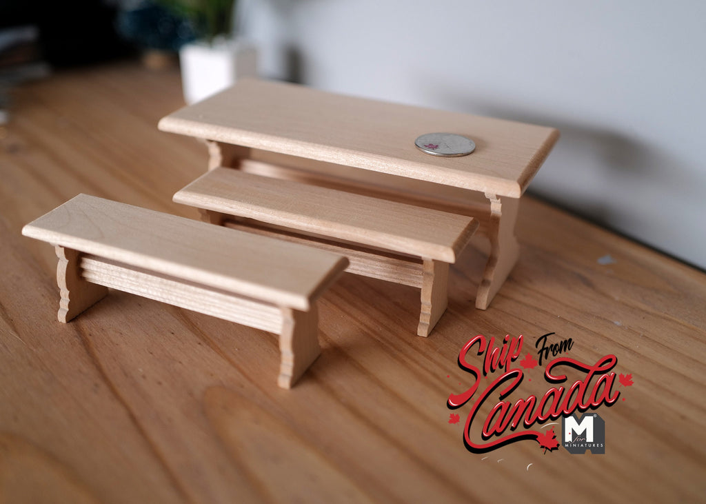 1:12 Scale Miniature Unpainted Wood Picnic Table with 2 Benches, Set of 3, 6 inch long, DIY Dollhouse Supply