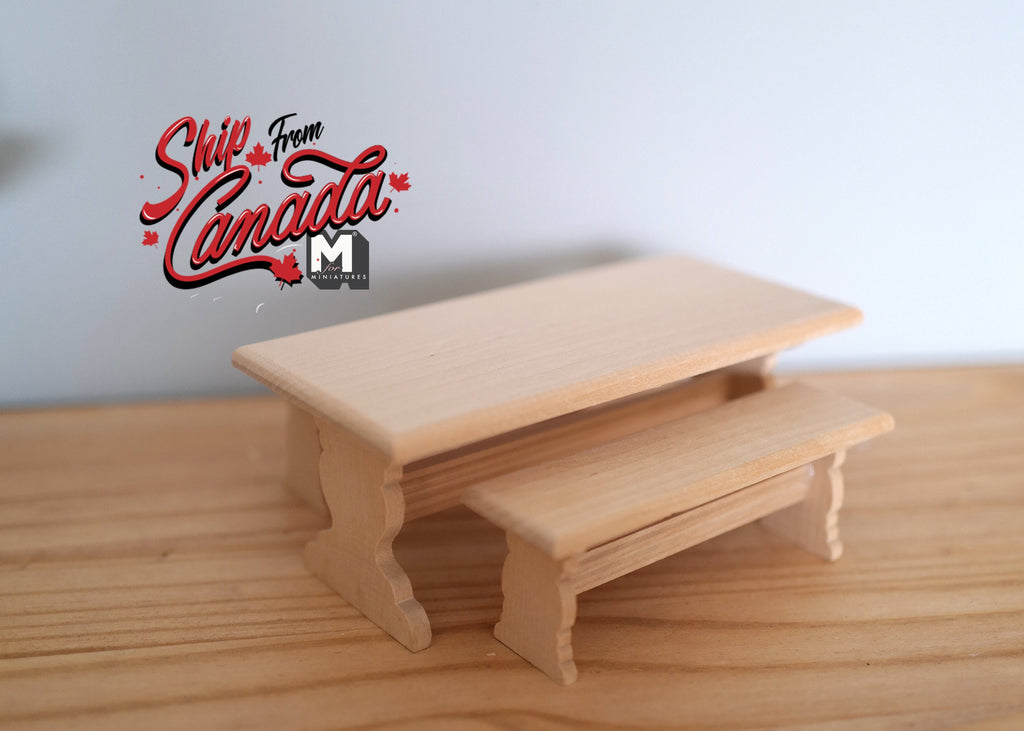 1:12 Scale Miniature Unpainted Wood Picnic Table with 2 Benches, Set of 3, 6 inch long, DIY Dollhouse Supply