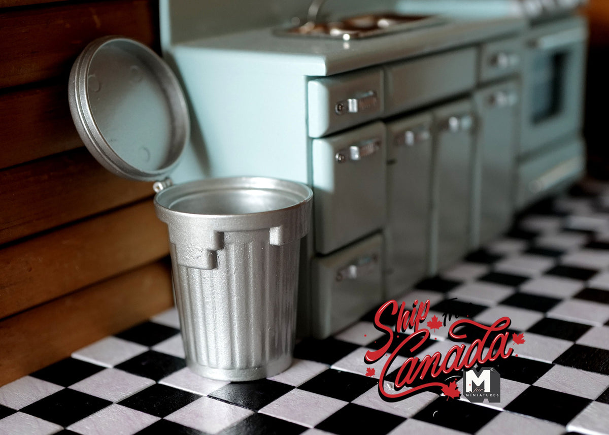 1:12 Scale Miniature Metal Garbage Can with Lid, 2 inch tall, DIY Dollhouse Supply (silver)