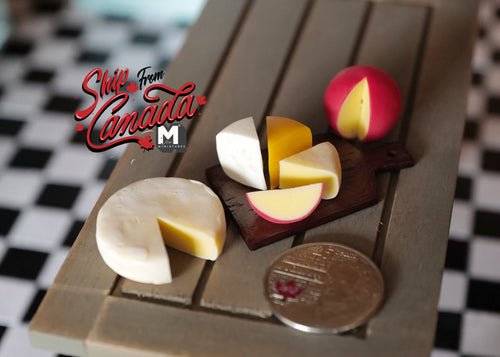 1:12 Scale Miniature Cheese Board with Cheese Wheel and Wedges, Set of 7, 1-9/16 inch long, DIY Dollhouse Supply