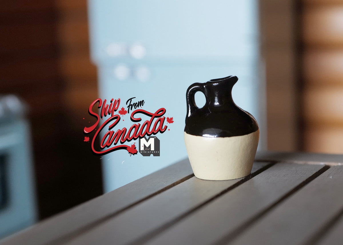 1:12 Scale Miniature Ceramic Crock Jug with Handle, 1-1/16 inch tall, DIY Dollhouse Supply (black and cream)