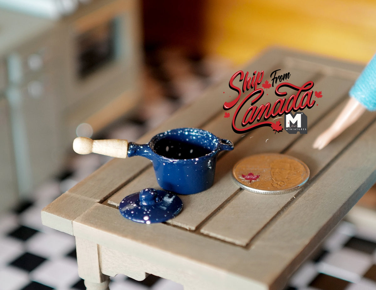 1:12 Scale Miniature Metal Cooking Pot with Lid, 2 inch long, DIY Dollhouse Supply (blue)