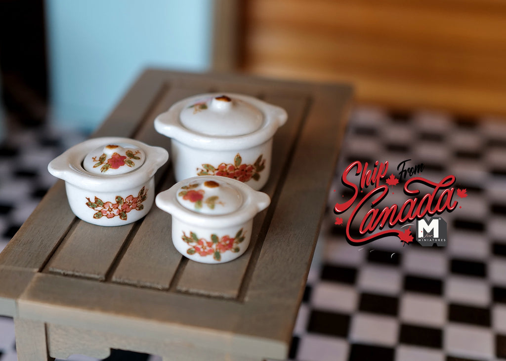 1:12 Scale Miniature Ceramic Cooking Pots with Lids, Floral Pattern, Set of 3, 1-7/16 inch wide, DIY Dollhouse Supply (white)