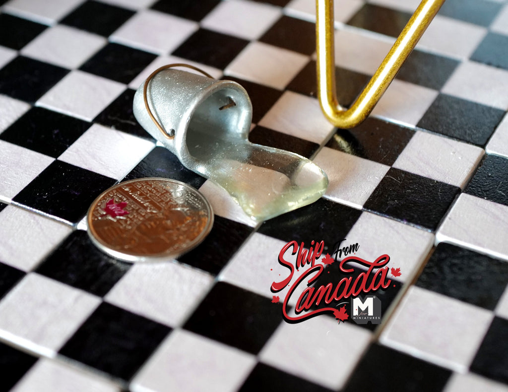 1:12 Scale Miniature Metal Bucket with Spilled Water, Tipped Over, 1-9/16 inch long, DIY Dollhouse Supply (silver)