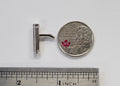 1:12 scale miniature metal metering faucet in silver with a curved spout, shown with a coin and a ruler