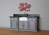 1:12 miniature wooden kitchen counter with sink 2 drawers and 2 swing doors shelves - J011