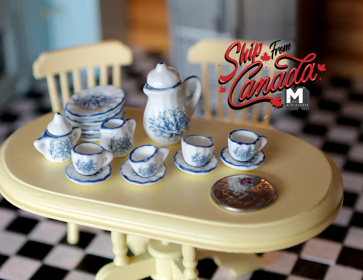 1:12 Scale Miniature Porcelain Tea Set, Leaf Pattern, 15 Pieces, 1-3/16 inch long, DIY Dollhouse Supply (blue and white)