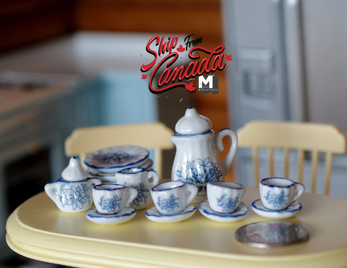 1:12 Scale Miniature Porcelain Tea Set, Leaf Pattern, 15 Pieces, 1-3/16 inch long, DIY Dollhouse Supply (blue and white)