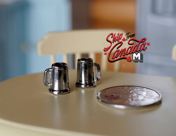 1:12 Dollhouse Supplies Miniature Metal Mugs / Pewter Beer Mugs set of 2 F046