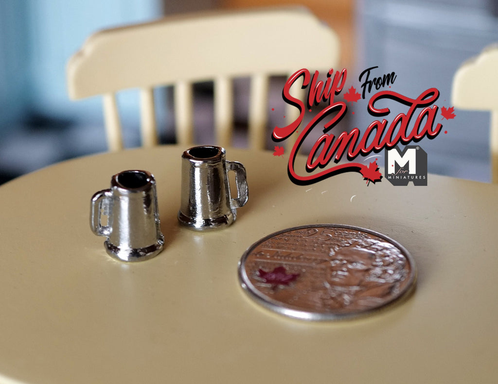 1:12 Scale Miniature Metal Beer Mugs, Set of 2, 1/2 inch tall, DIY Dollhouse Supply (pewter)