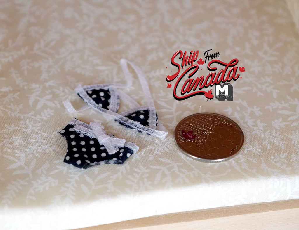 1:12 Scale Miniature Polka Dot Bikini, 2 Pieces, 1-1/2 inch wide, DIY Dollhouse Supply (navy blue)