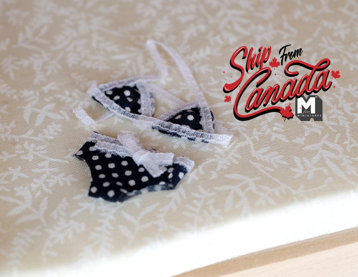1:12 Scale Miniature Polka Dot Bikini, 2 Pieces, 1-1/2 inch wide, DIY Dollhouse Supply (navy blue)