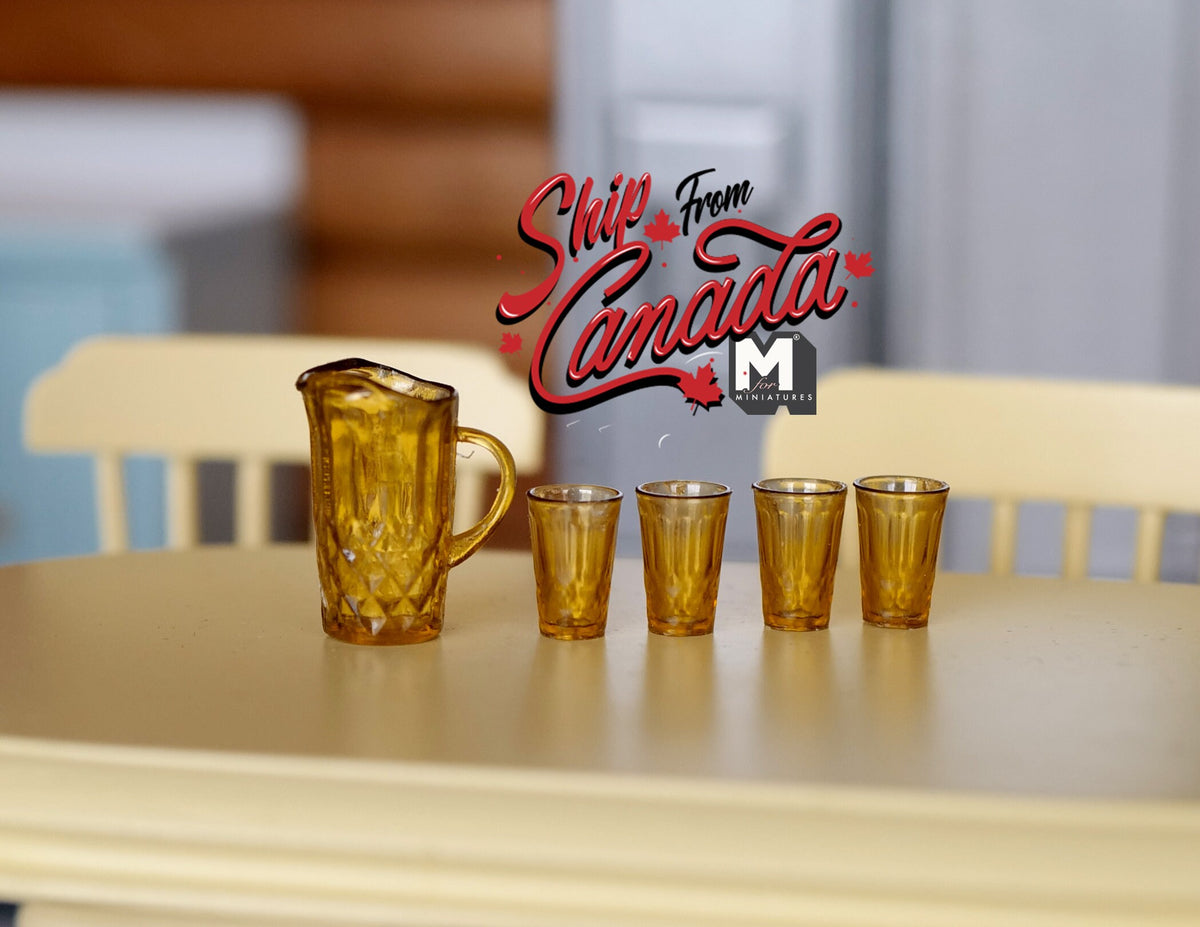 1:12 Scale Miniature Pitcher and 4 Glasses, Set of 5, 3/4 inch tall, DIY Dollhouse Supply (dark amber)