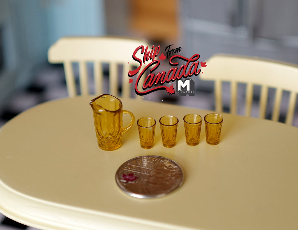 1:12 Scale Miniature Pitcher and 4 Glasses, Set of 5, 3/4 inch tall, DIY Dollhouse Supply (dark amber)