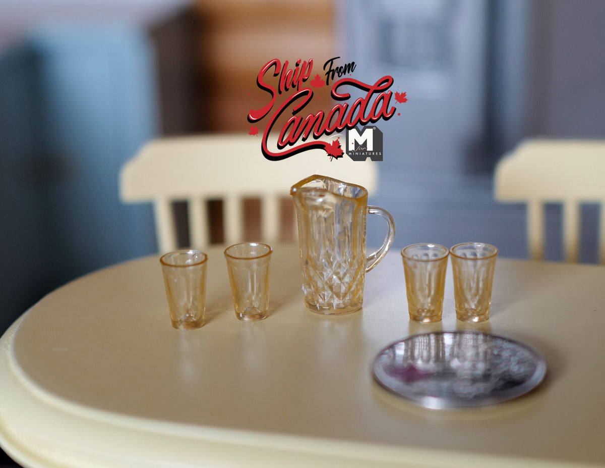 1:12 Scale Miniature Pitcher and 4 Glasses, Set of 5, 3/4 inch tall, DIY Dollhouse Supply (clear amber)