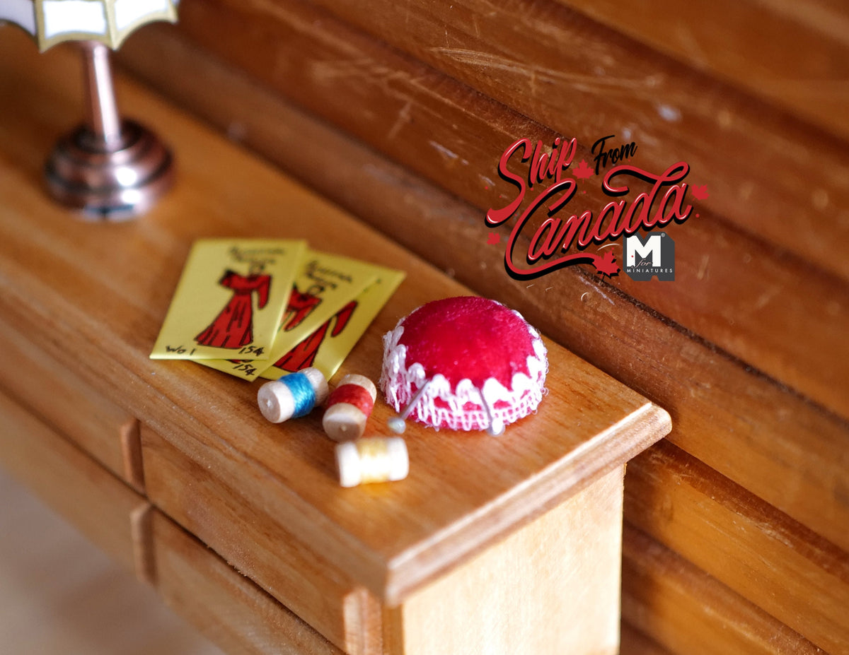 1:12 Scale Miniature Sewing Kit with Pincushion and Thread Spools, DIY Dollhouse Supply