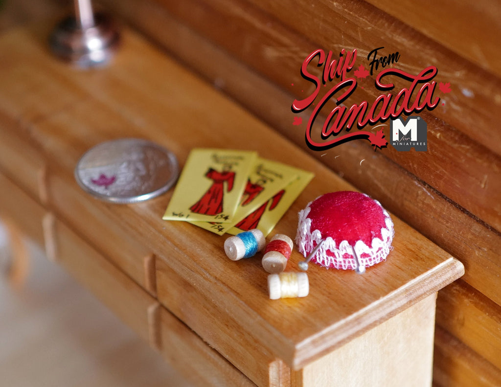 1:12 Scale Miniature Sewing Kit with Pincushion and Thread Spools, DIY Dollhouse Supply