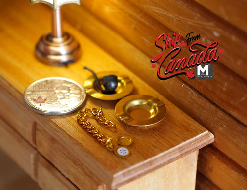 1:12 Scale Miniature Ashtrays with Smoking Pipe, Set of 3, 5/8 inch dia., DIY Dollhouse Supply (gold)