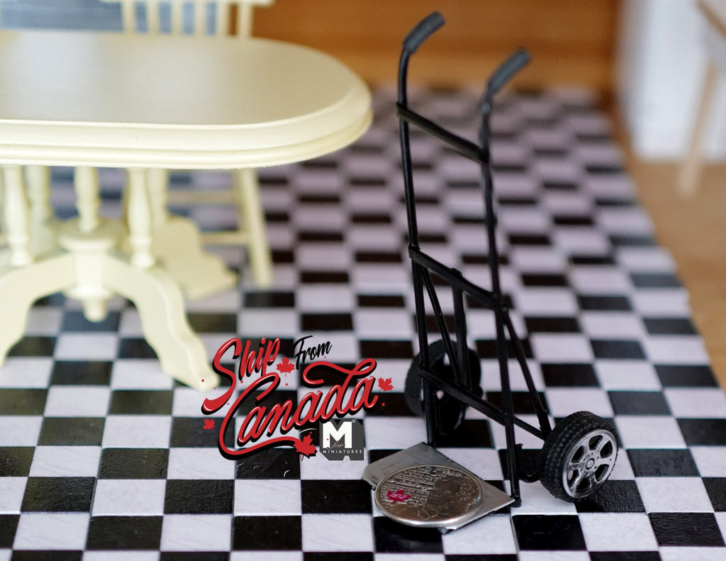 1:12 Scale Miniature Metal Moving Dolly, 2 Wheels, 4-1/16 inch tall, DIY Dollhouse Supply (black)