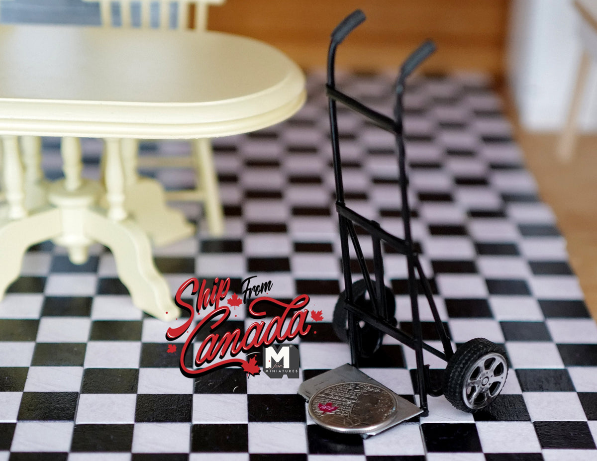 1:12 Scale Miniature Metal Moving Dolly, 2 Wheels, 4-1/16 inch tall, DIY Dollhouse Supply (black)