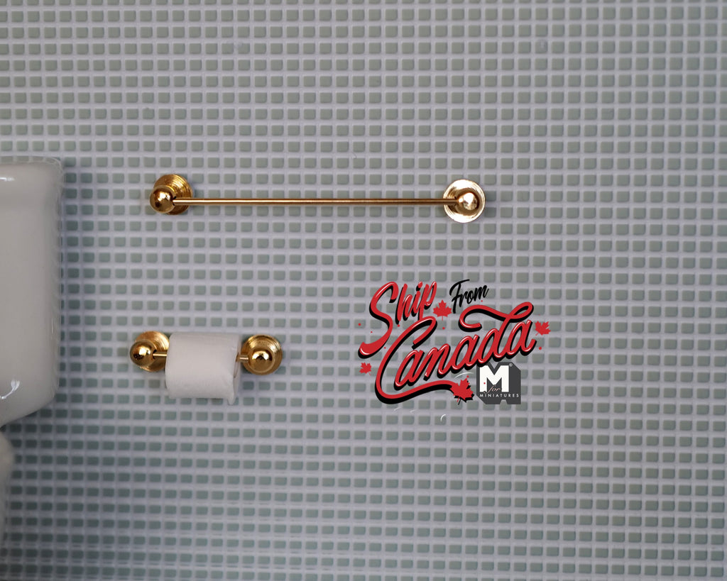 1:12 Scale Miniature Toilet Roll Holder, Towel Bar and 2 Hooks, Set of 4, 2-1/4 inch long, DIY Dollhouse Supply (brass)