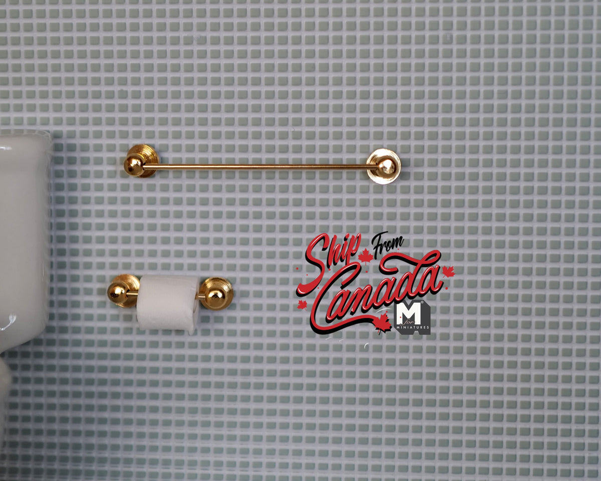 1:12 Scale Miniature Toilet Roll Holder, Towel Bar and 2 Hooks, Set of 4, 2-1/4 inch long, DIY Dollhouse Supply (brass)