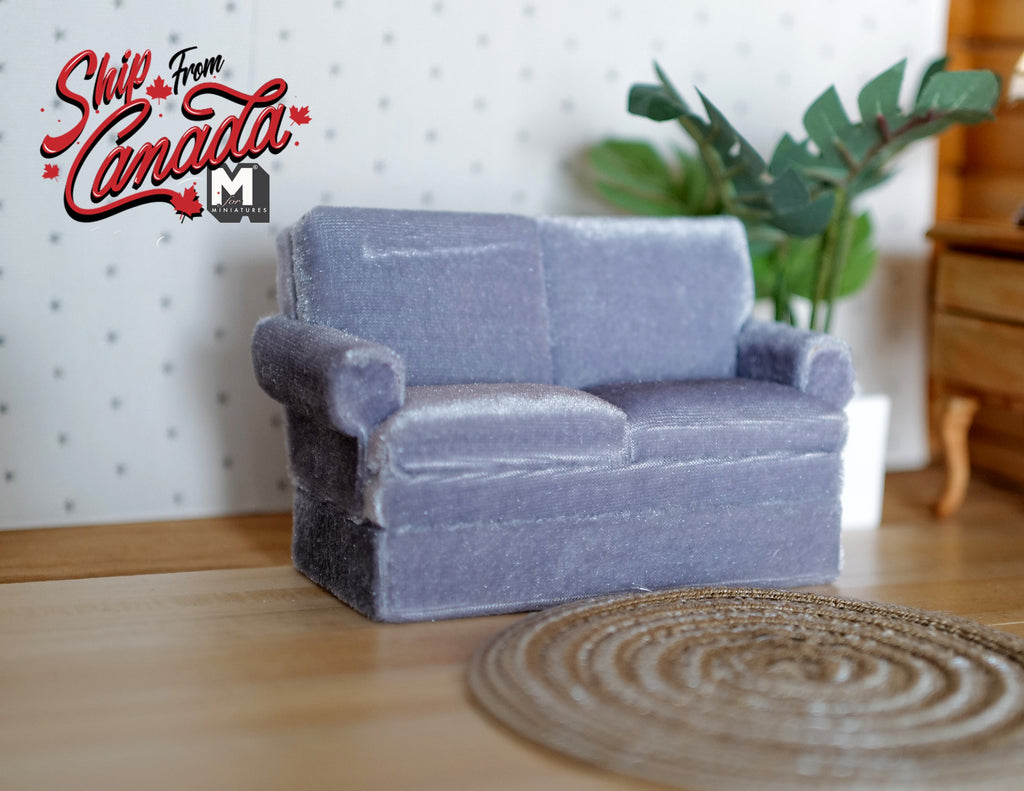 1:12 Scale Miniature Fabric 2 Seat Sofa and Oval Coffee Table, Set of 2, 2-15/16 inch tall, DIY Dollhouse Supply (gray blue)