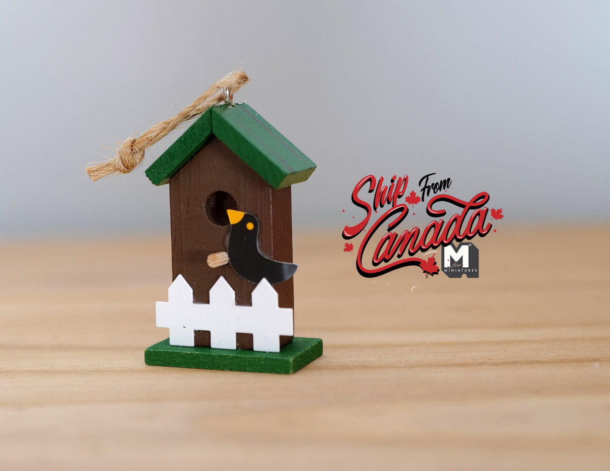 1:12 Scale Miniature Birdhouse, Green Roof, Picket Fence Base, 1-5/8 inch tall, DIY Dollhouse Supply (wood)