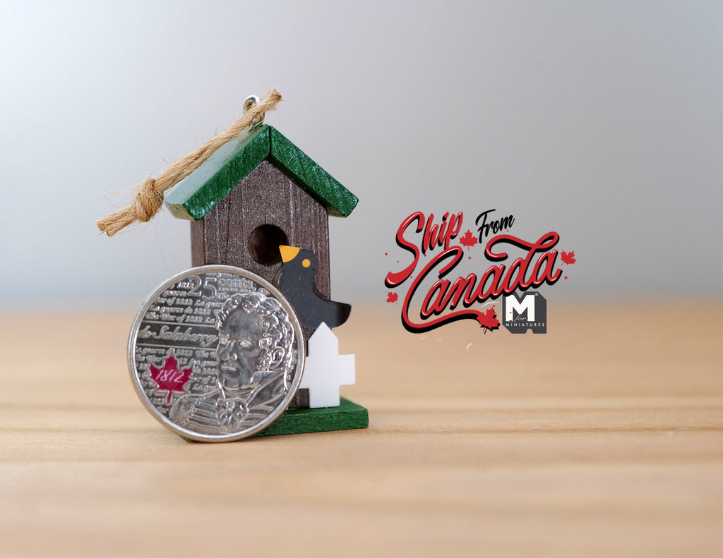 1:12 Scale Miniature Birdhouse, Green Roof, Picket Fence Base, 1-5/8 inch tall, DIY Dollhouse Supply (wood)