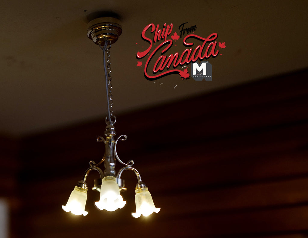 1:12 Scale Miniature LED 3 Arm Tulip Chandelier with On/Off Switch, Frosted Glass Shades, DIY Dollhouse Supply (silver)