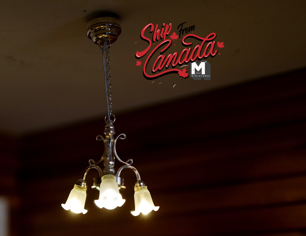1:12 Scale Miniature LED 3 Arm Tulip Chandelier with On/Off Switch, Frosted Glass Shades, DIY Dollhouse Supply (silver)