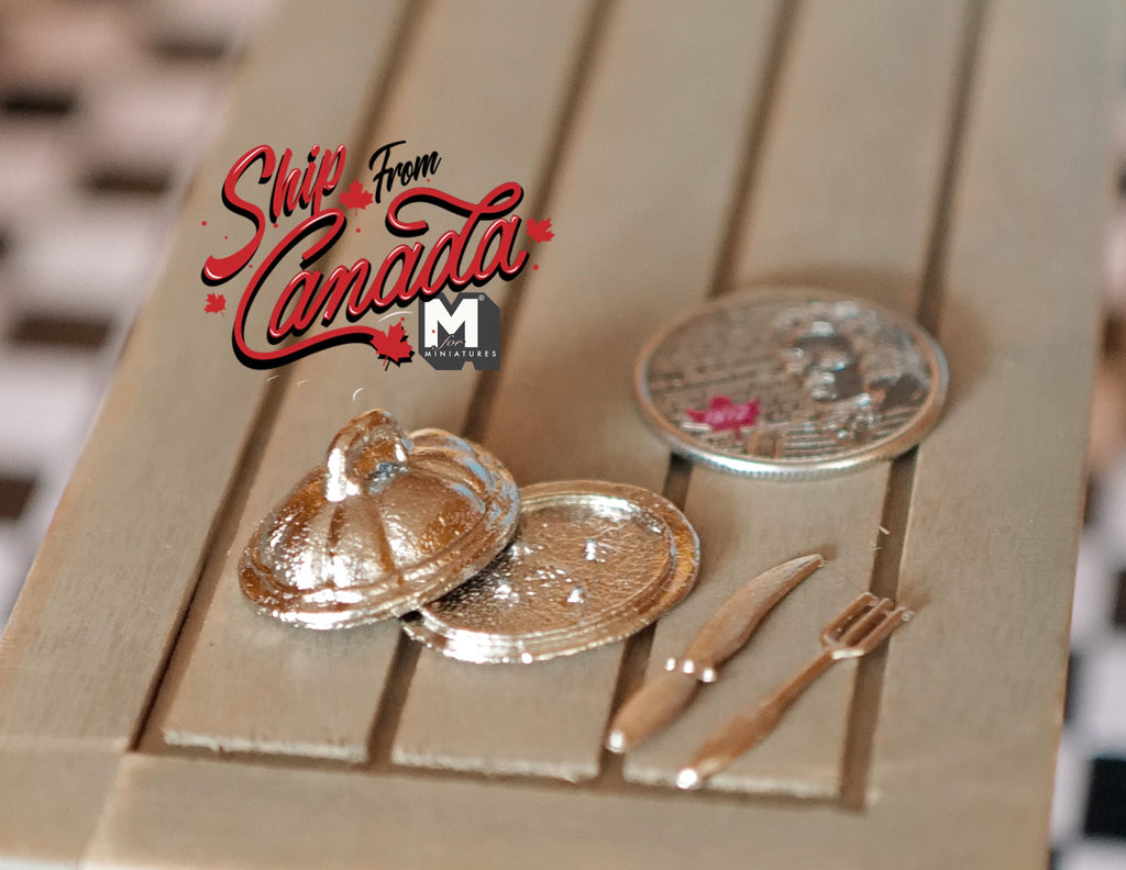 1:12 Scale Miniature Serving Tray with Cover Dome and Utensils, 4 Pieces, 7/8 inch long, DIY Dollhouse Supply (silver)