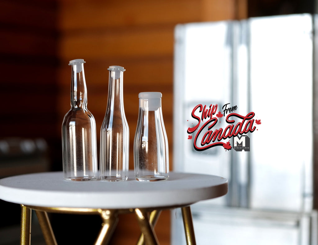 1:12 Scale Miniature Clear Glass Bottles, Set of 3, 1-9/16 inch tall, DIY Dollhouse Supply