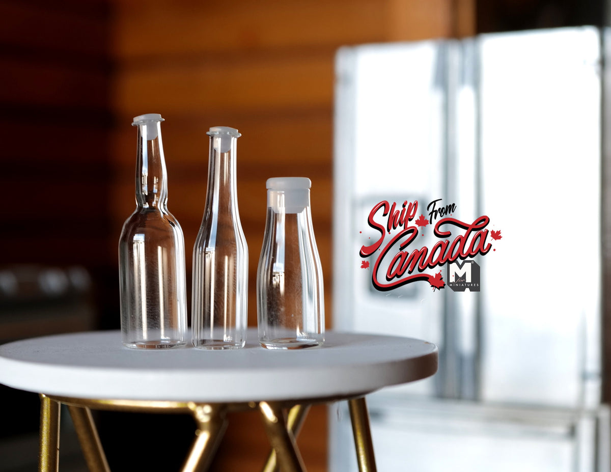 1:12 Scale Miniature Clear Glass Bottles, Set of 3, 1-9/16 inch tall, DIY Dollhouse Supply