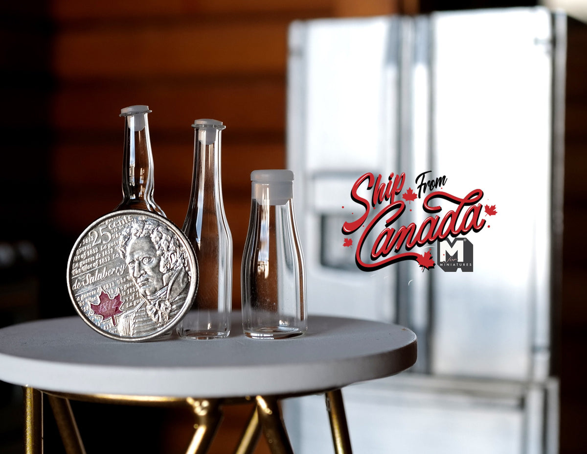 1:12 Scale Miniature Clear Glass Bottles, Set of 3, 1-9/16 inch tall, DIY Dollhouse Supply